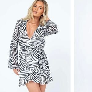 PRINCESS POLLY Women's 10 Marty Long Sleeve Faux Wrap Mini Dress Zebra Belted